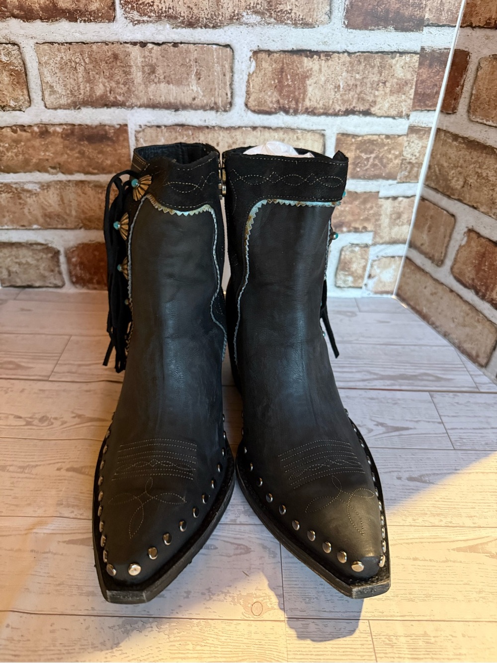 Double D Ranch Black Leather Western Fringe Ankle Boots with Turquoise Accents - Picture 3 of 11